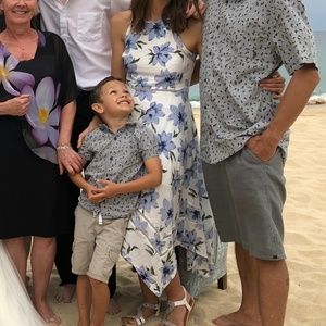 Lulu’s Zahara Blue White Floral Print Midi Dress Wedding Guest Cocktail Event